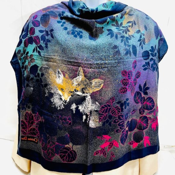 Beautiful Unused Fox Designed  Christian Dior 100% Silk Scarf  Satin 29"x29  (17 - Picture 3 of 9